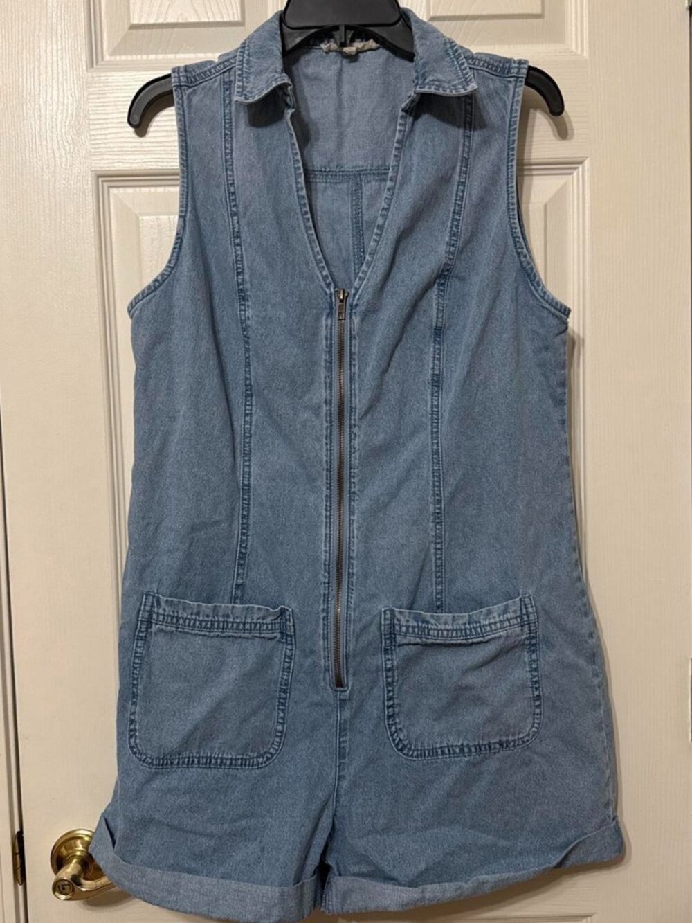 Blue denim romper with pockets #denim #jumpsuit